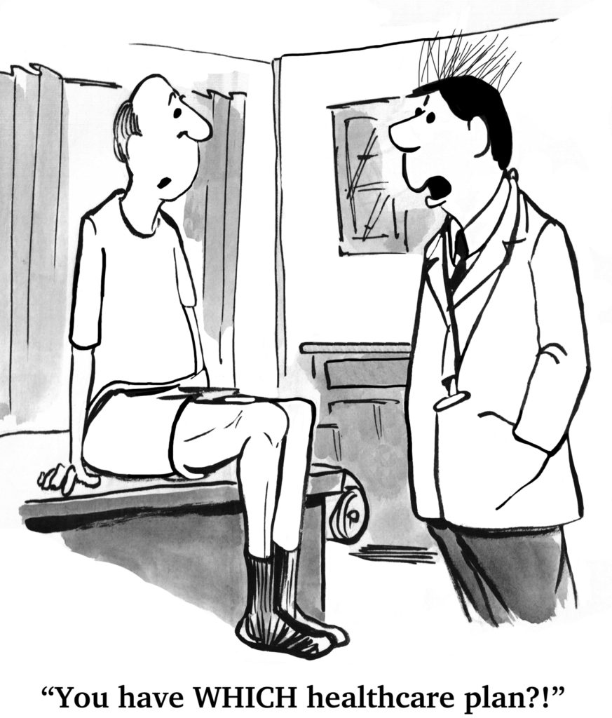 cartoon of a patient receiving health care from his doctor